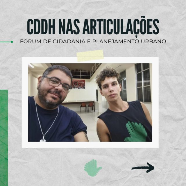 Na última segunda - feira, o CDDH esteve presente no Fórum de Cidadania e Planejamento Urbano.

Foi discutida a formação de GTs entre os membros do Fórum visando a qualificação dos membros. 

O CDDH estará presente nos GTs ligados às ações sociais (cultura, saúde e habitação) e ao trabalho com juventude.

#CDDH
#DireitosHumanos
#ParticipaçãoSocial
#Cidadania
#PolíticasPúblicas
#PlanejamentoUrbano
#JustiçaSocial
#ControleSocial